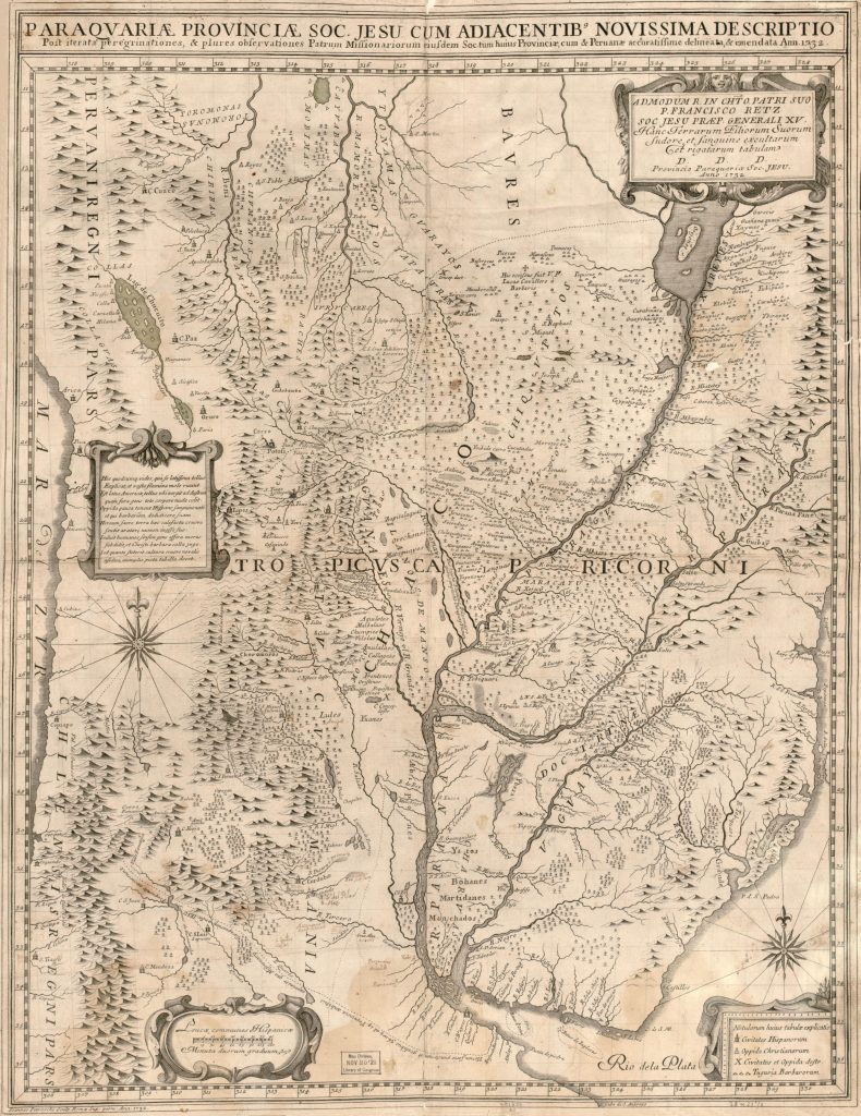 Mapa antiguo de la provincia jesuítica del Paraguay, de 1732, con sus ríos, misiones y una cartela decorada en la esquina.