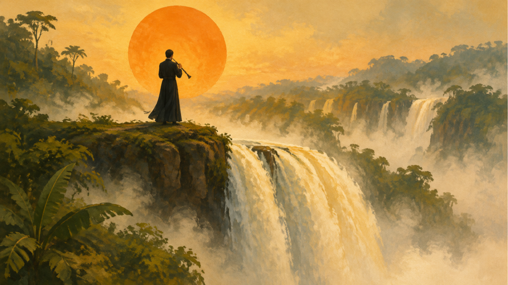 Ilustración de un misionero jesuita que toca el oboe en lo alto de una cascada en la selva, con un gran sol naranja detrás.