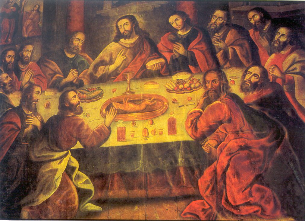 La Última Cena, óleo de Marcos Zapata. Jesús y sus apóstoles están sentados alrededor de un cuy. 